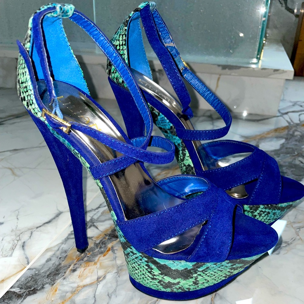 Liliana Royal Blue Suede w. Green Snakeskin Strappy Sandal Sz 8 WORN ONCE